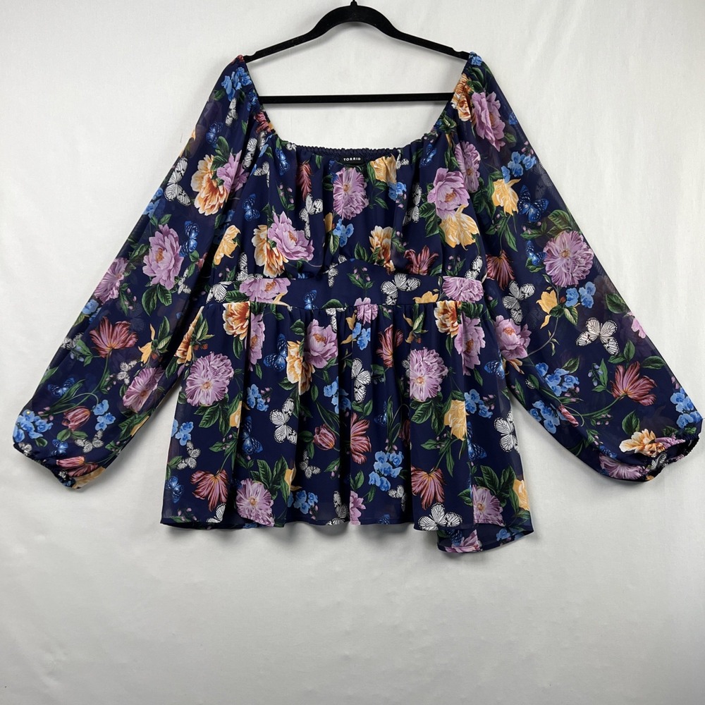 Torrid 3 Top Womens 3X Babydoll Milkmaid Butterfly Floral Blouse Flowy Fairy